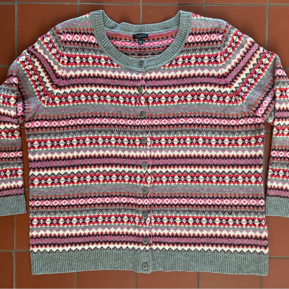 Talbots Gray and Pink Fair Isle Cardigan Sweater 2XP